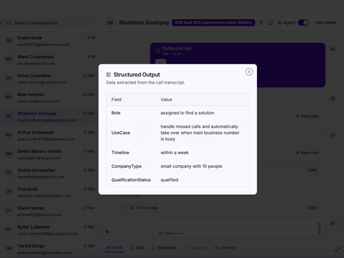 Structured data output from B2B SaaS AI call, lead and qualification fields extracted automatically