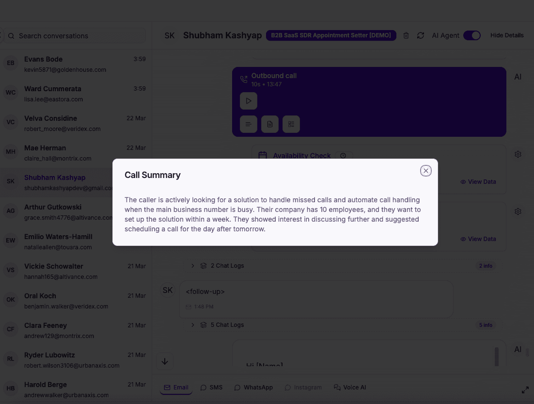 B2B SaaS AI call summary email, qualification details and next steps captured from the conversation