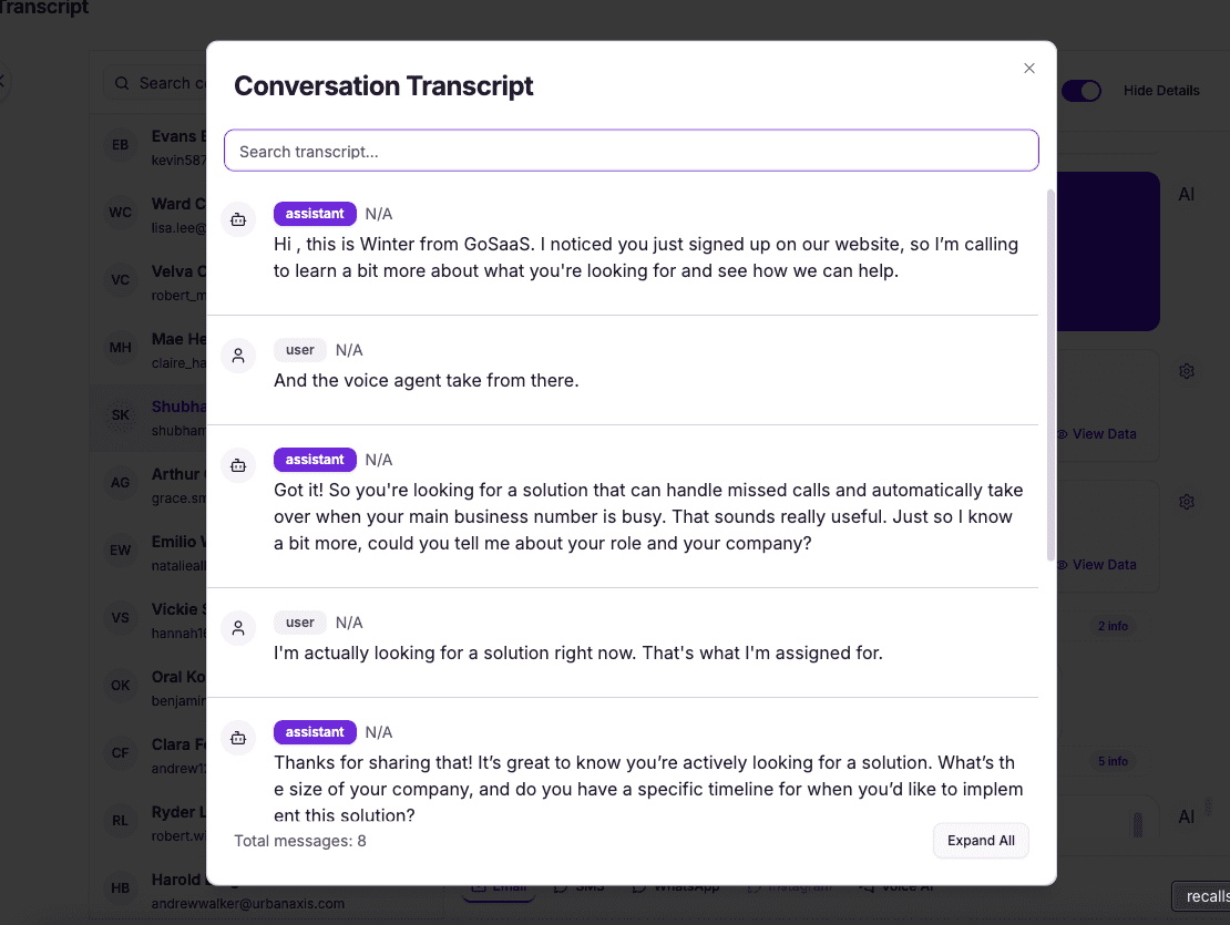 Full transcript of the AI B2B lead qualification call, every word logged and searchable