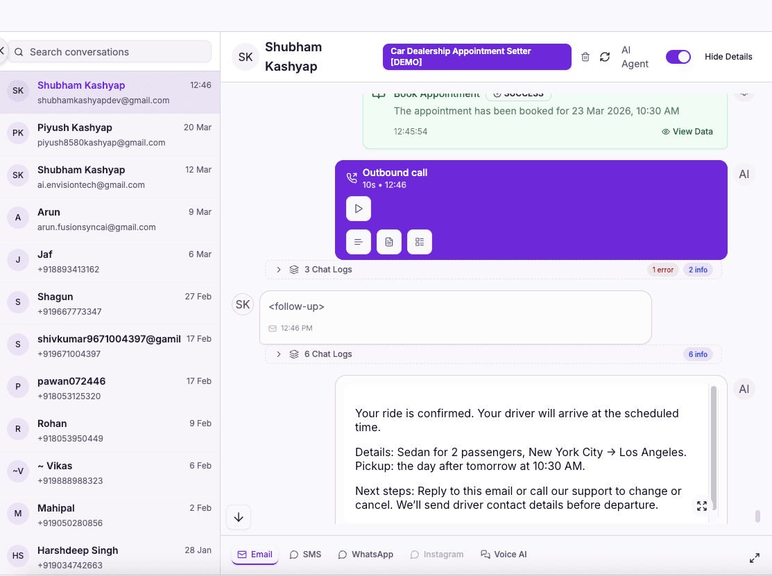 AI car dealership receptionist live conversation, sales or service enquiry handled by RecallSync