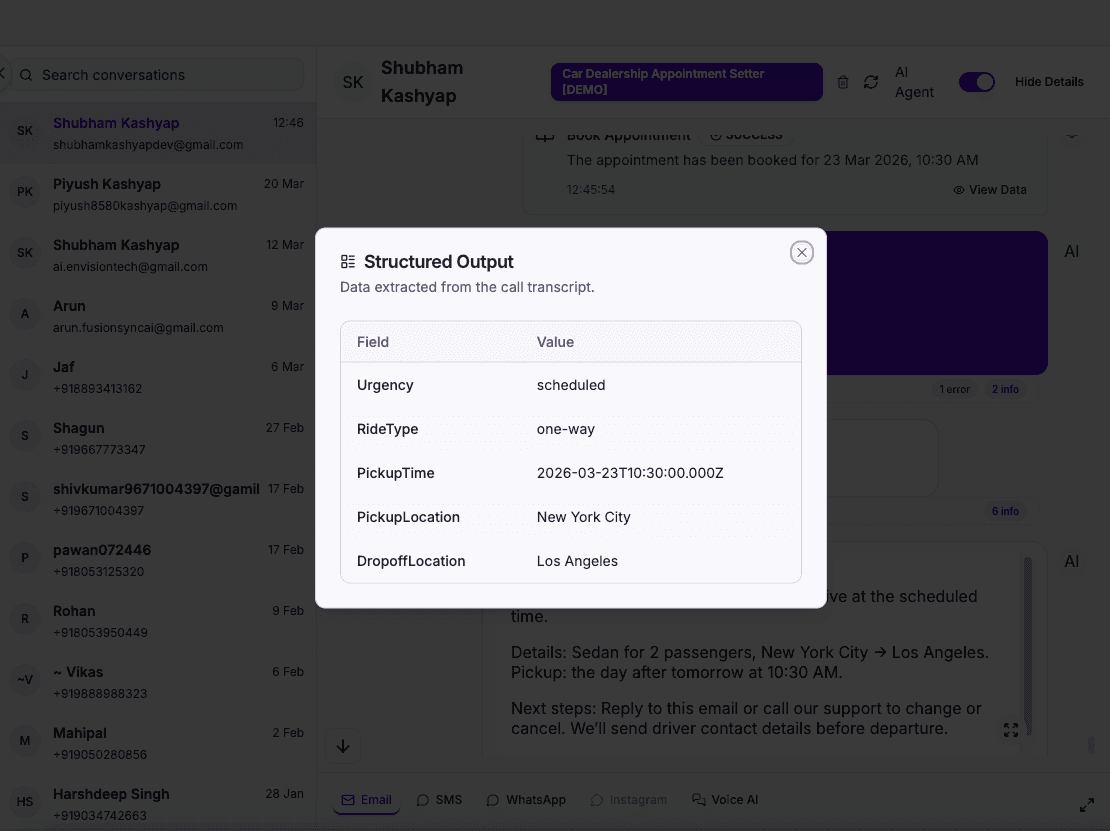 Structured data output from dealership AI call, lead and appointment fields extracted automatically