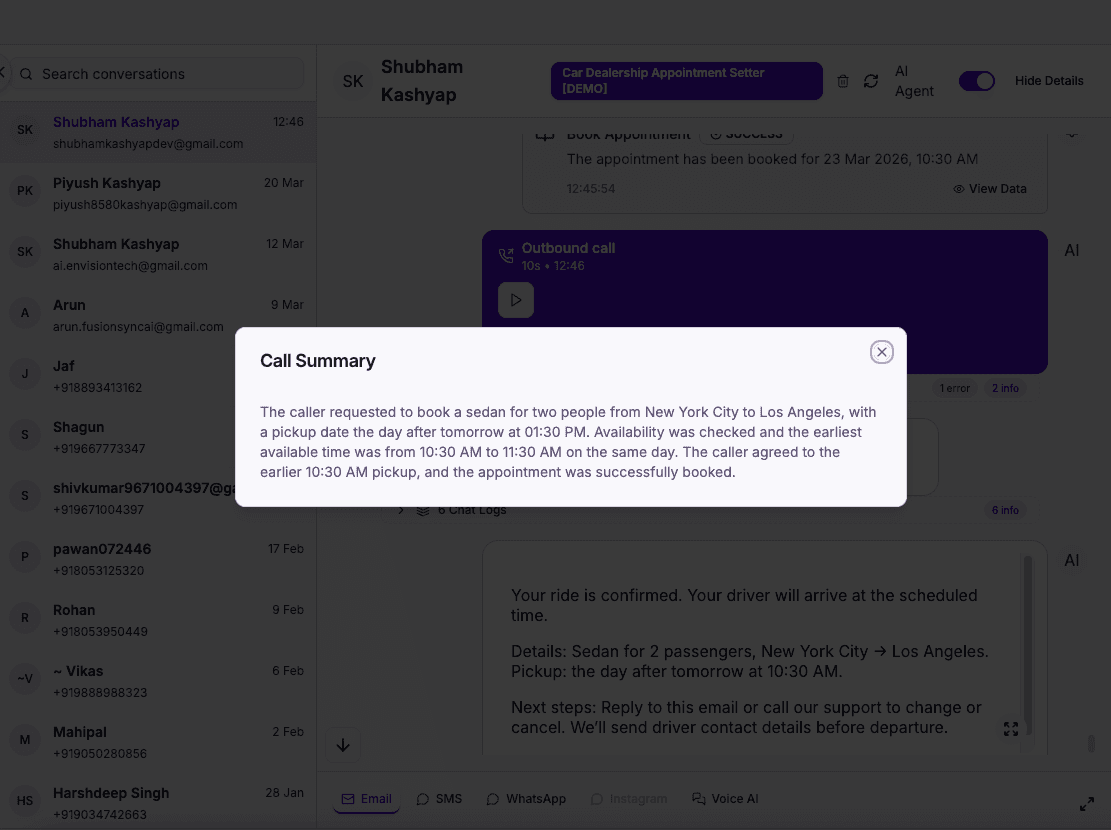 Dealership AI call summary email, vehicle interest and booking details captured from the conversation