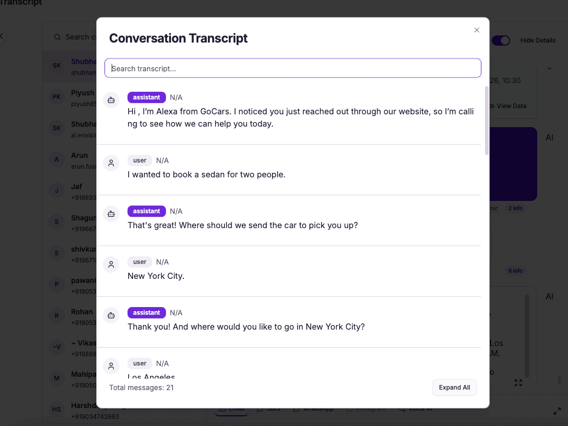 Full transcript of the AI dealership receptionist call, every detail logged and searchable
