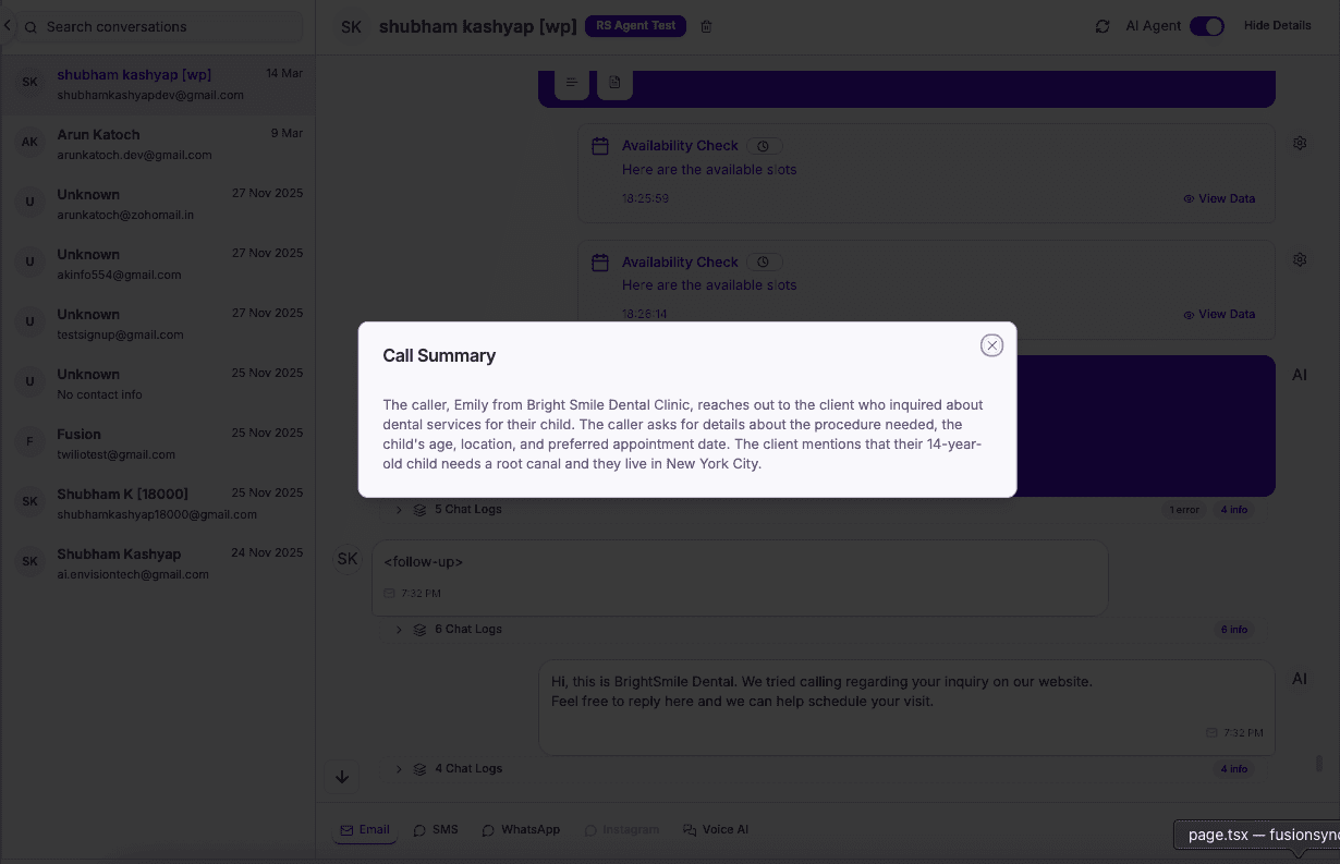 Dental clinic AI call summary email — key details captured from the patient booking conversation