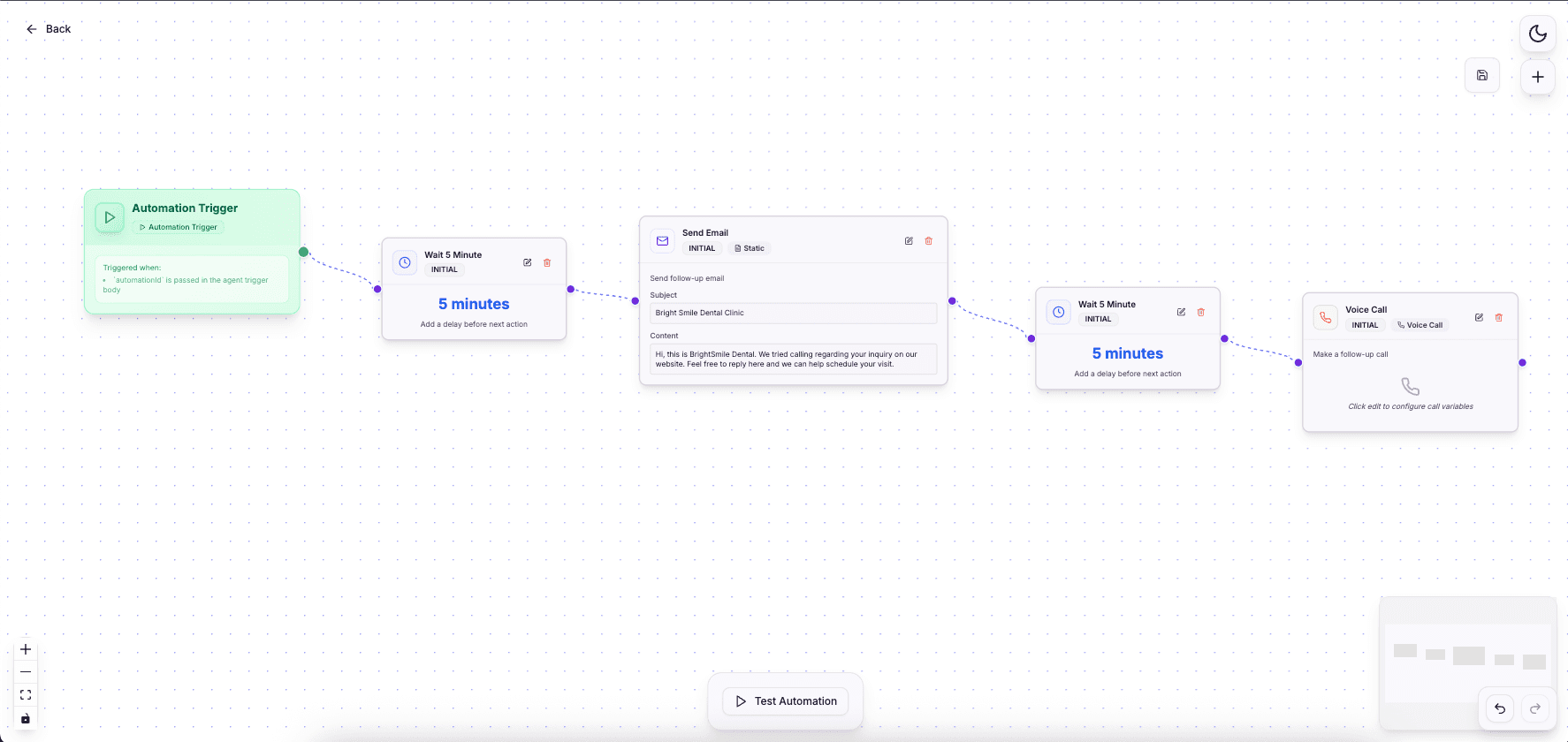 RecallSync dental lead response workflow where a new enquiry triggers an AI call and automated follow-up
