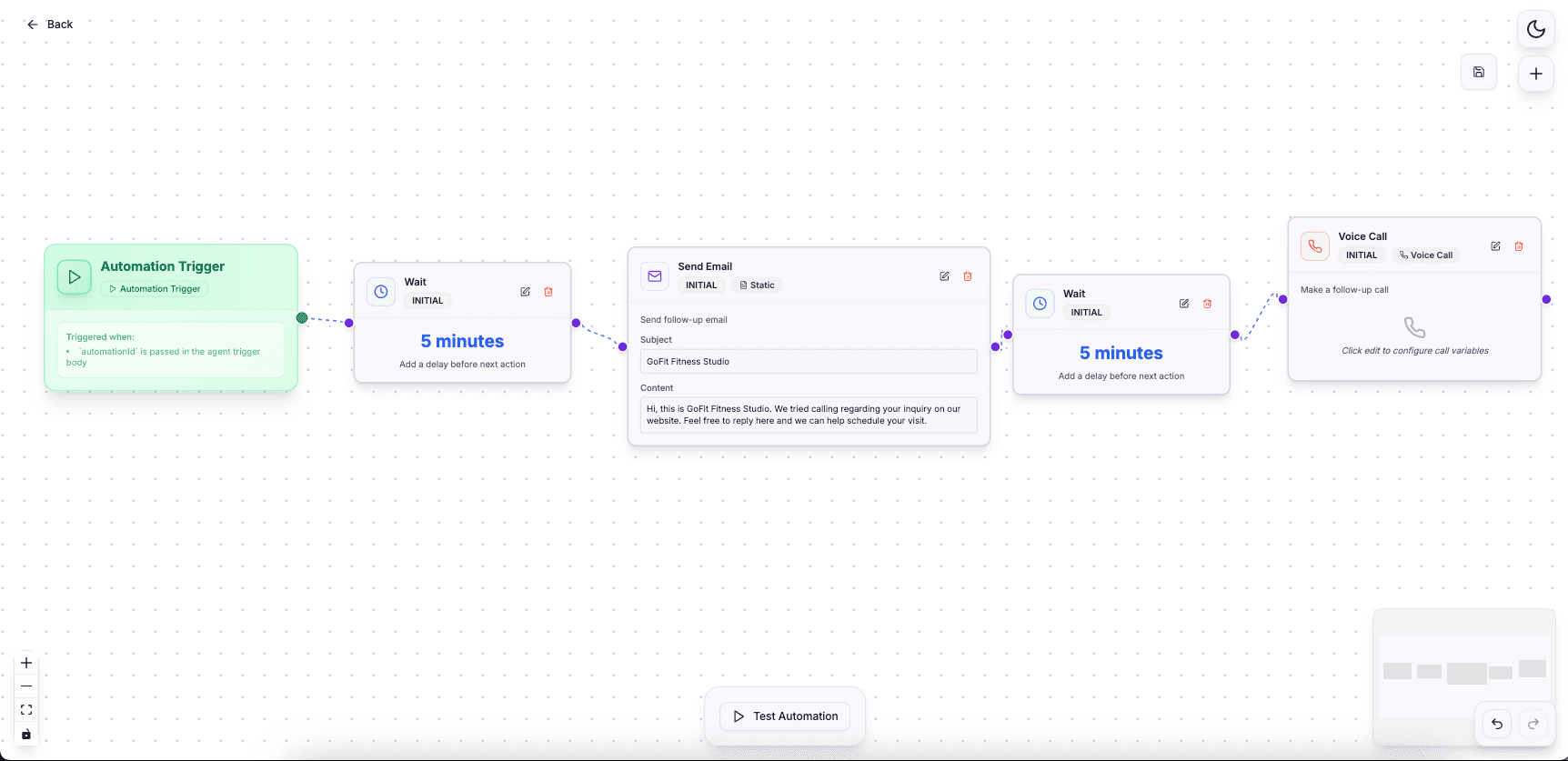 RecallSync fitness studio AI receptionist workflow, enquiry triggers AI call and automated follow-up