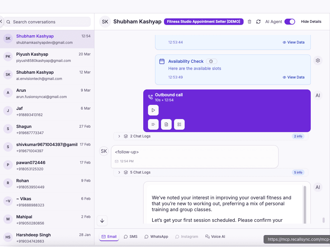 AI fitness studio receptionist live conversation, trial or membership enquiry handled by RecallSync