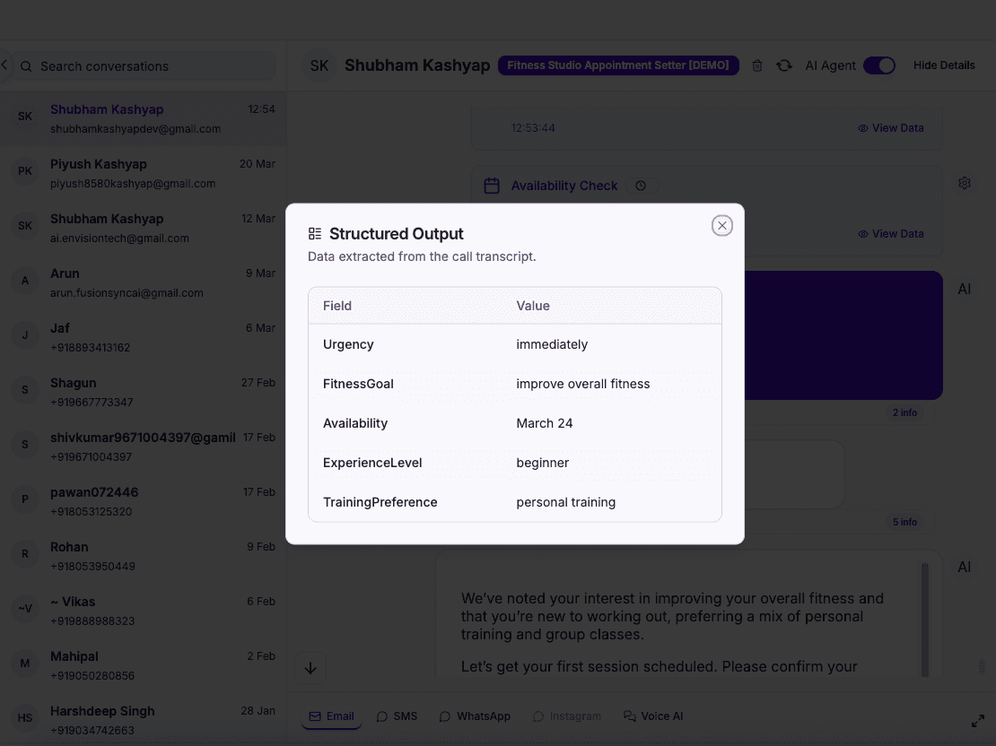 Structured data output from fitness AI call, member details and booking intent extracted automatically
