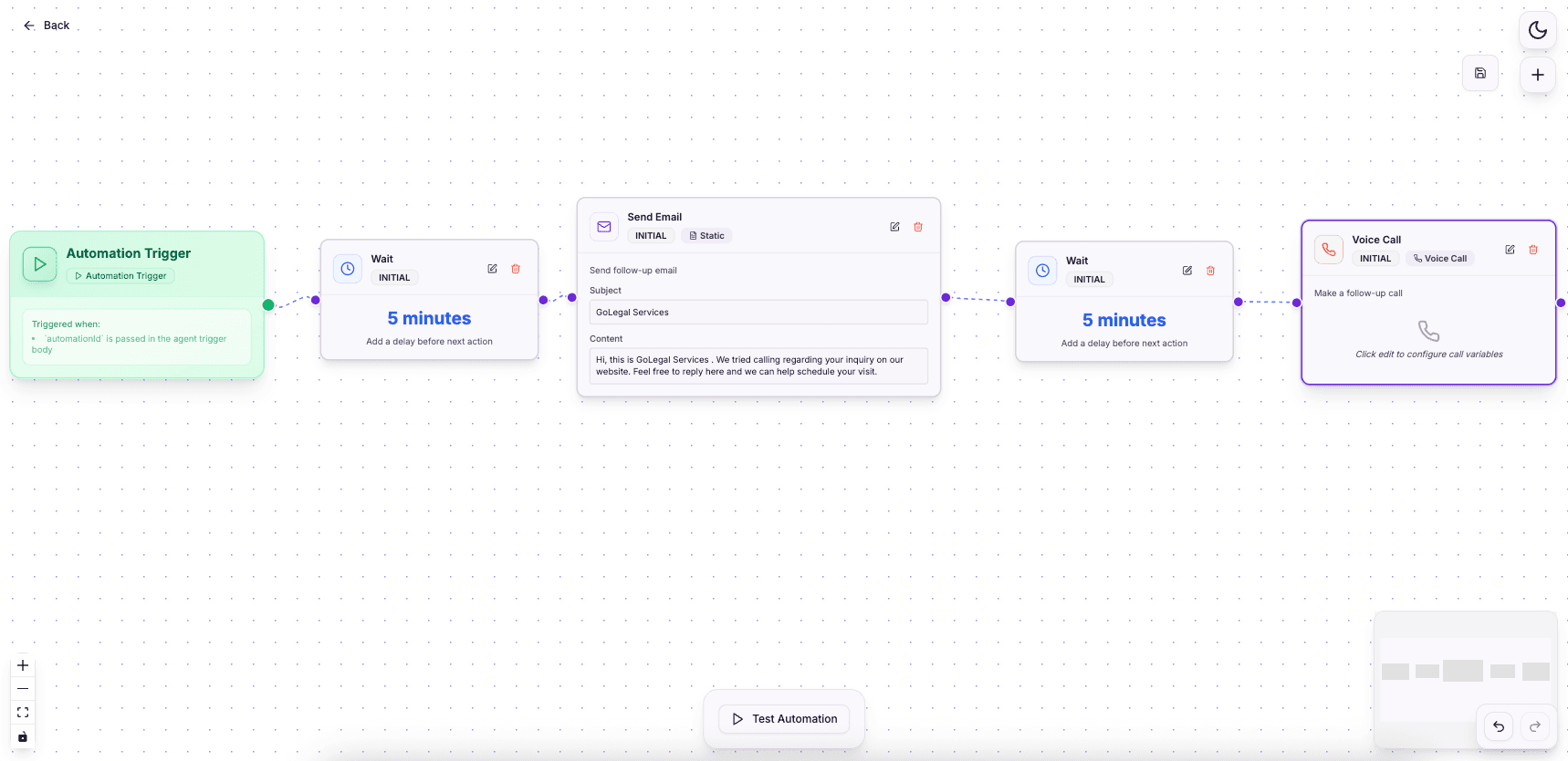RecallSync legal intake AI receptionist workflow, enquiry triggers AI call and attorney handoff sequence
