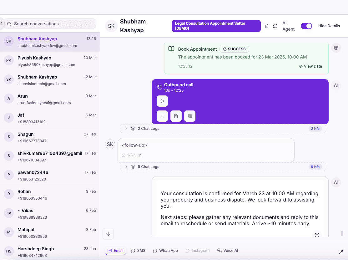 AI legal intake receptionist live conversation, case enquiry qualified by RecallSync
