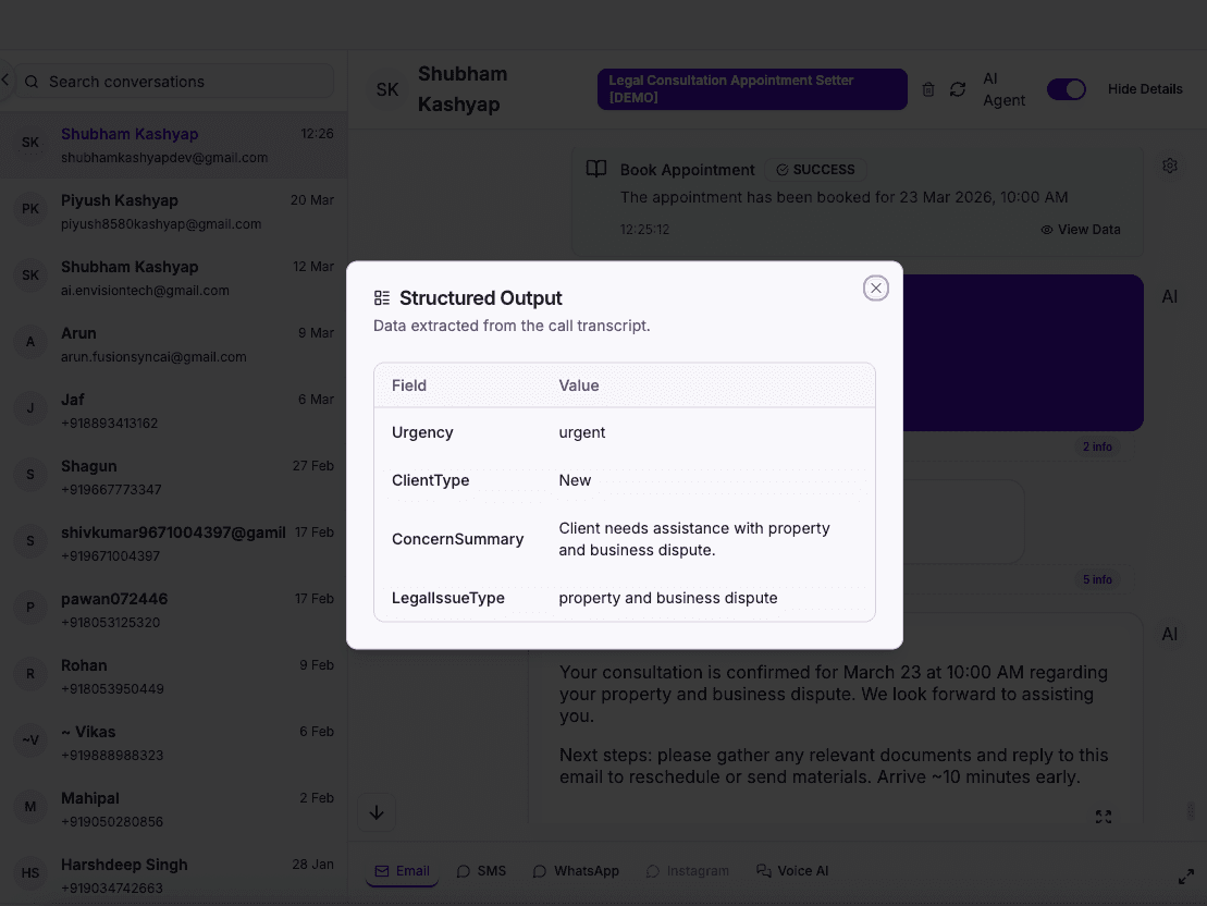 Structured data output from legal AI call, intake fields extracted automatically for case management