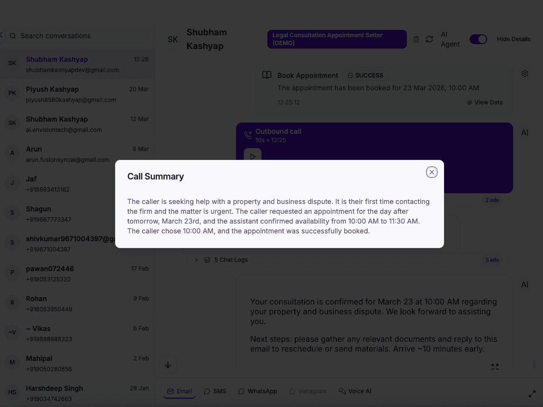 Law firm AI call summary email, intake details and urgency captured from the conversation