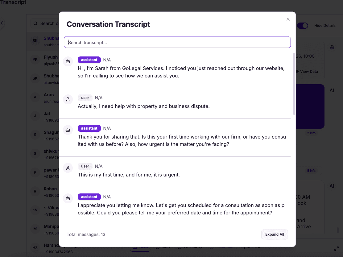 Full transcript of the AI legal intake call, every detail logged and searchable