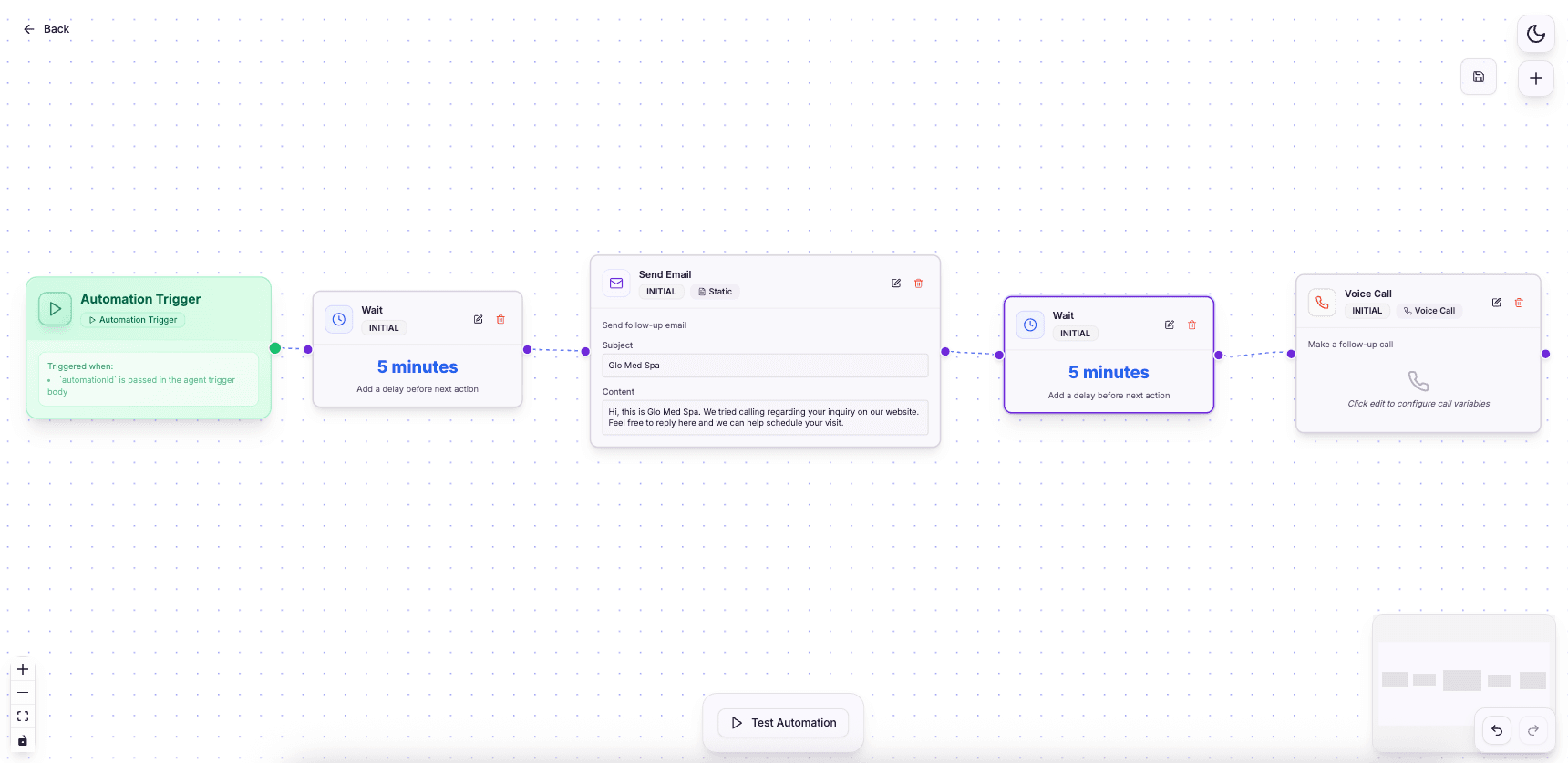 RecallSync med spa AI receptionist workflow, treatment enquiry triggers AI call and booking follow-up