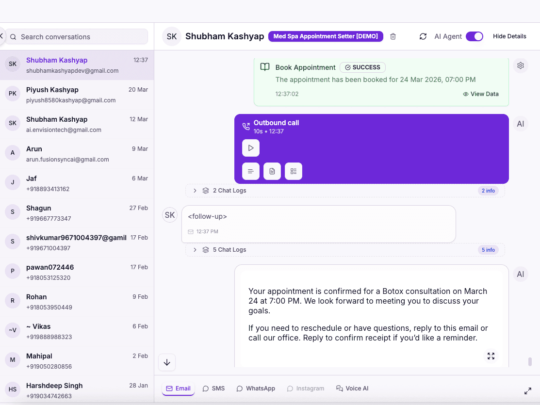 AI med spa receptionist live conversation, aesthetic treatment enquiry handled by RecallSync
