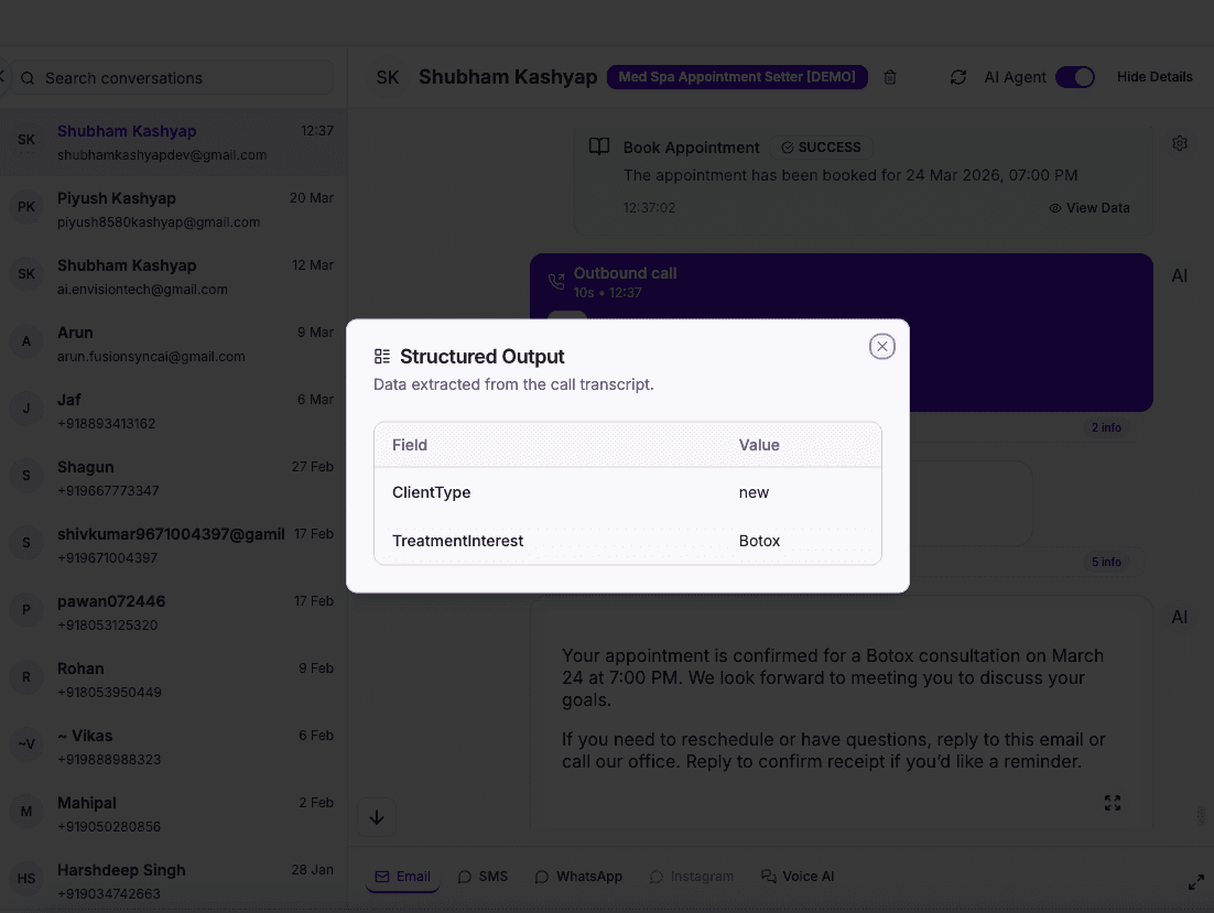 Structured data output from med spa AI call, client and appointment fields extracted automatically