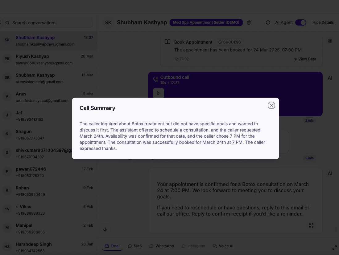 Med spa AI call summary email, treatment and booking details captured from the conversation