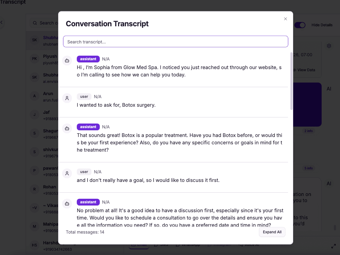 Full transcript of the AI med spa receptionist call, every word logged and searchable