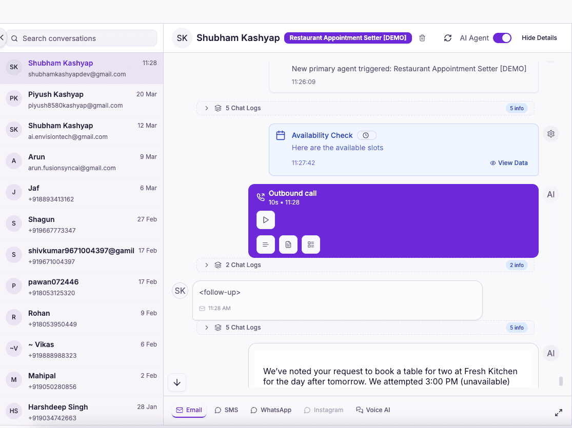 AI restaurant host live conversation, reservation enquiry handled by RecallSync