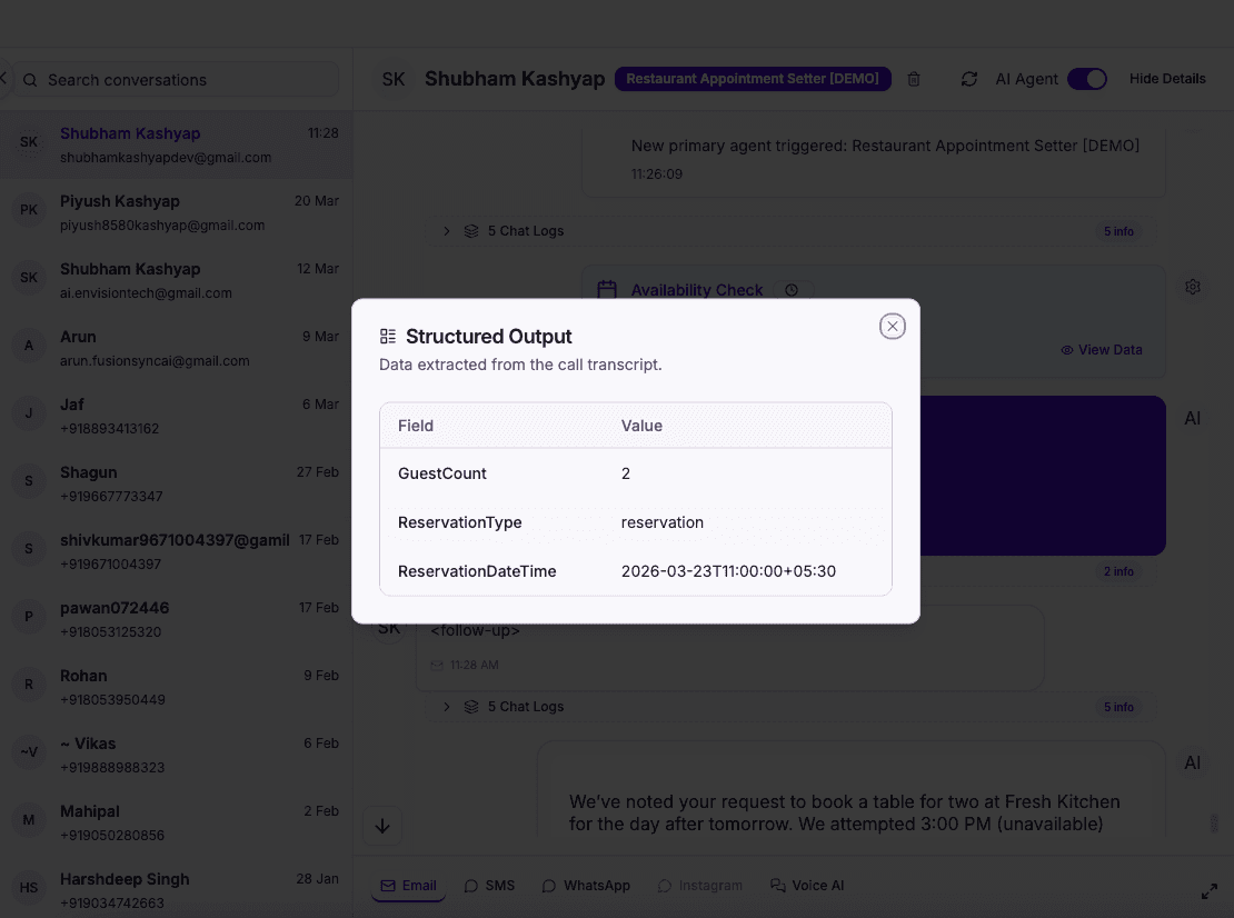 Structured data output from restaurant AI call, booking fields extracted automatically
