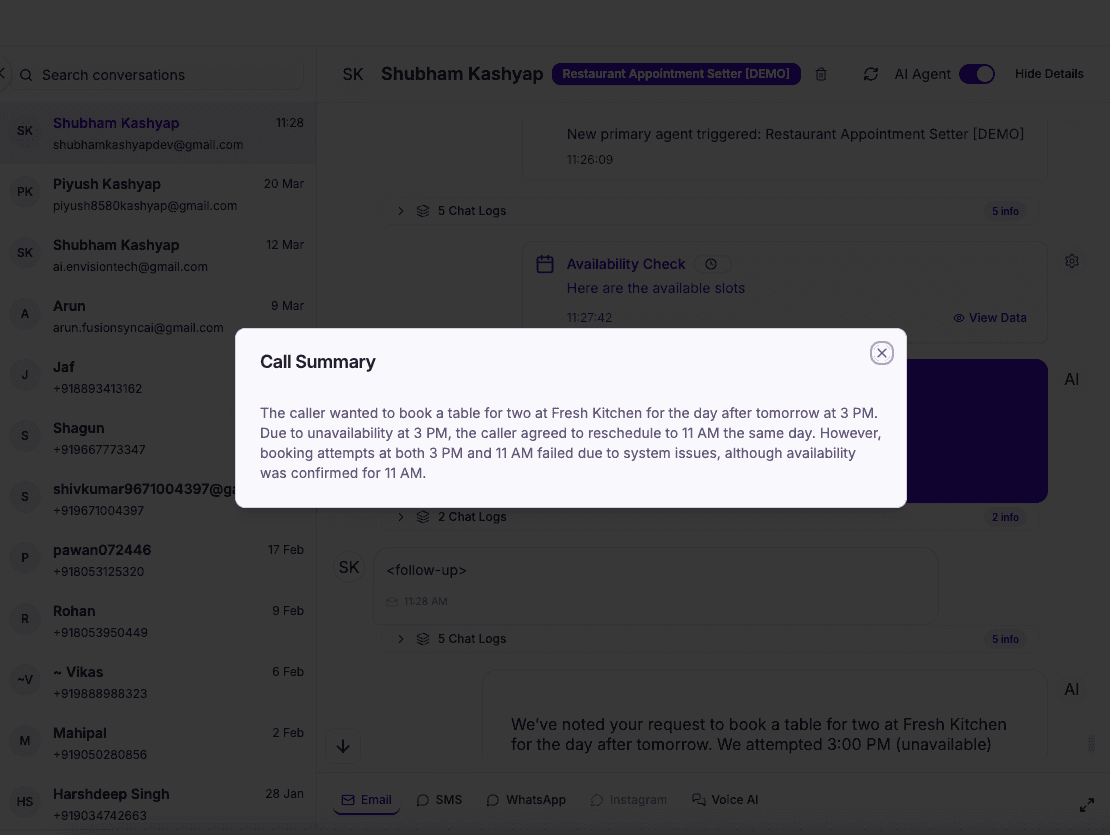 Restaurant AI call summary email, reservation details captured from the conversation