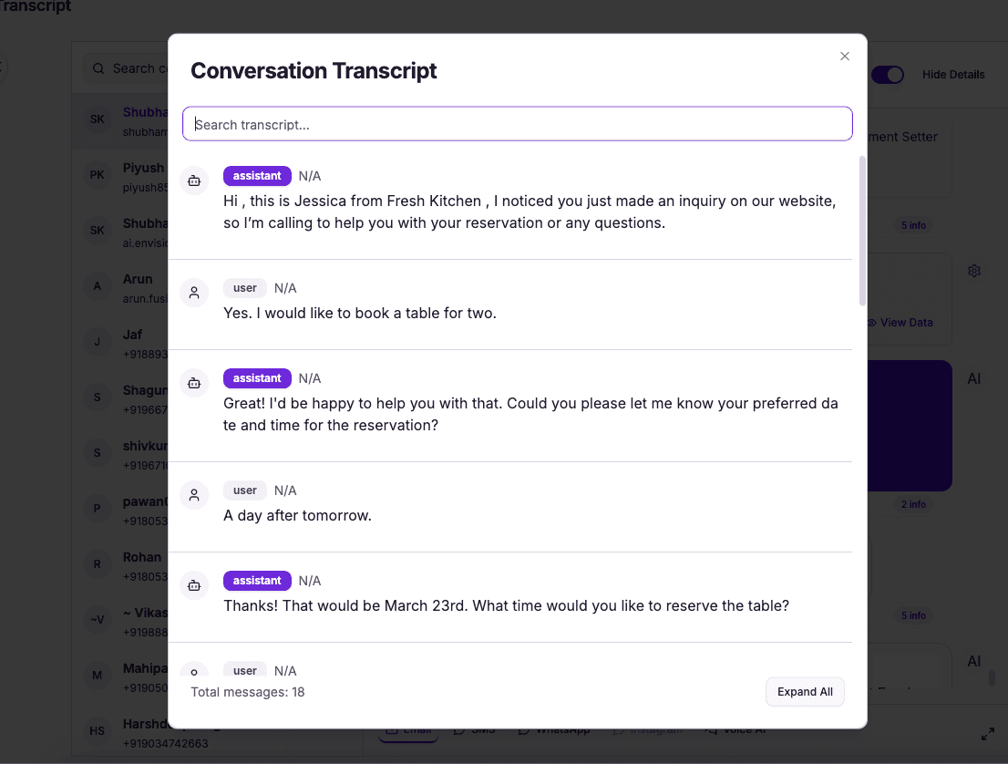 Full transcript of the AI restaurant host call, every detail logged and searchable