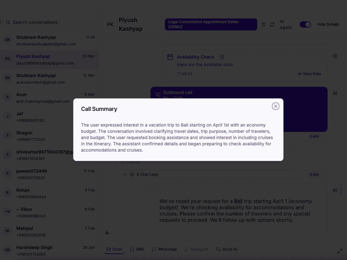 Travel AI call summary email, trip preferences and next steps captured from the conversation