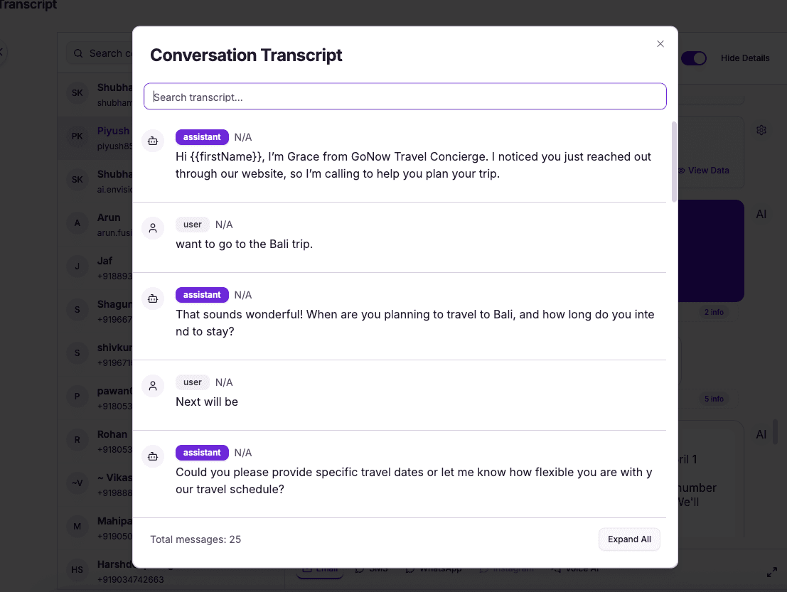 Full transcript of the AI travel concierge call, every detail logged and searchable