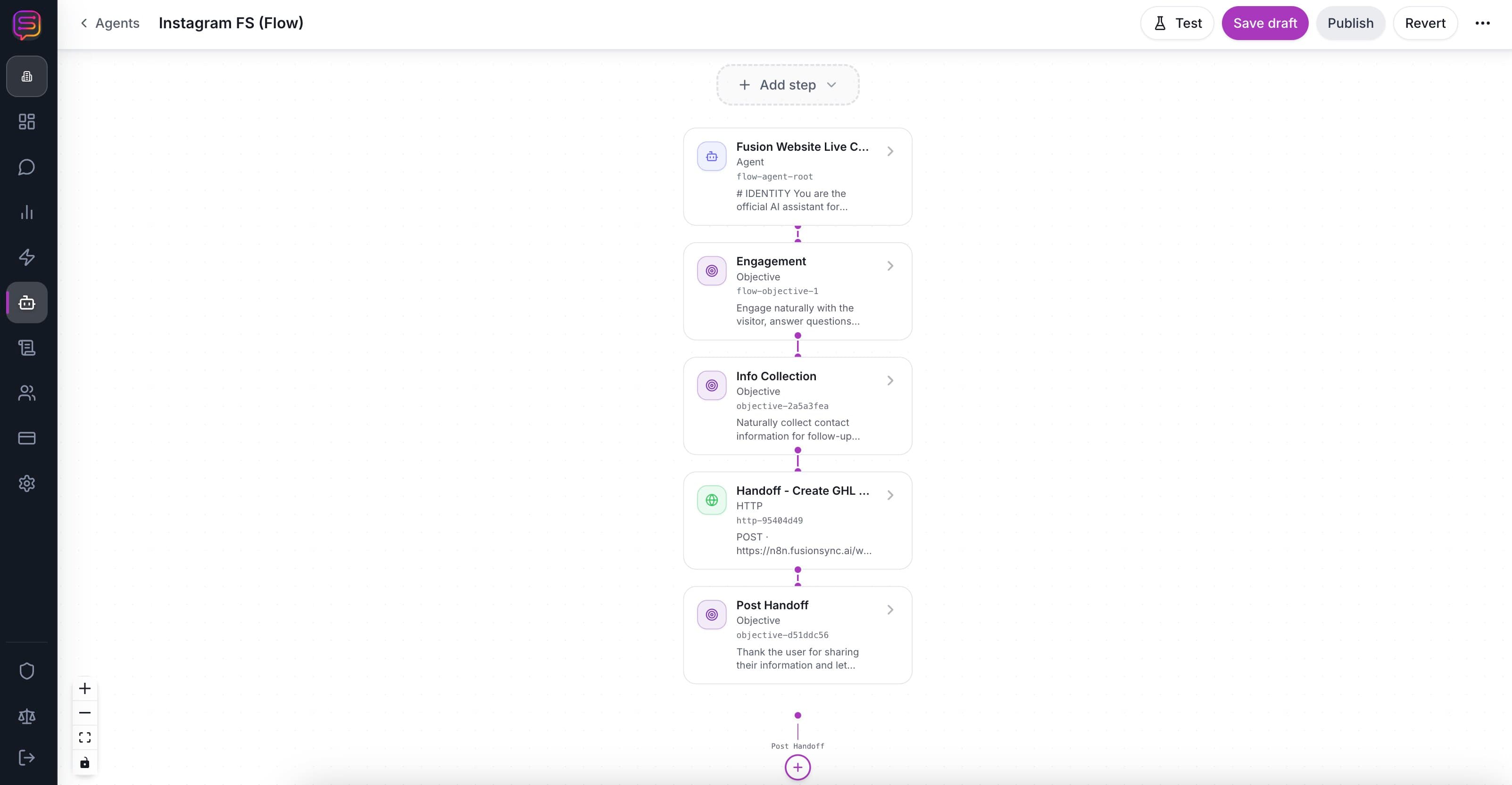 IGThreadly agent builder showing the Instagram comment flow steps