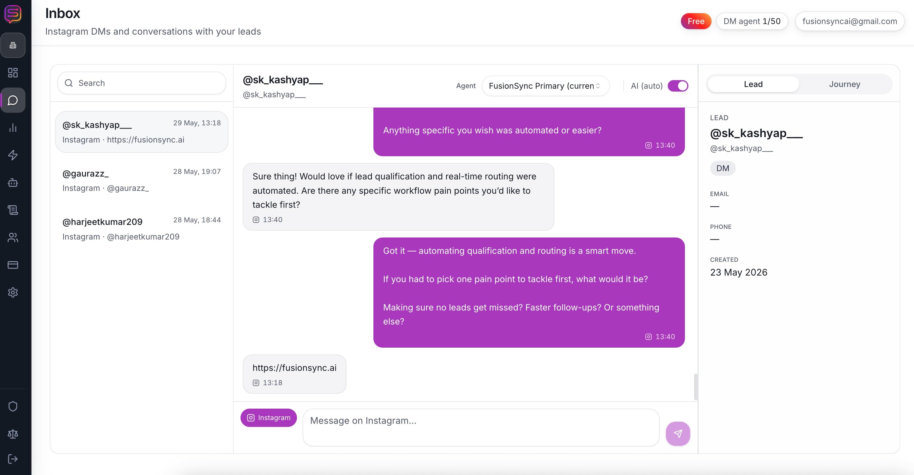 IGThreadly Instagram inbox view with AI agent toggle and human takeover