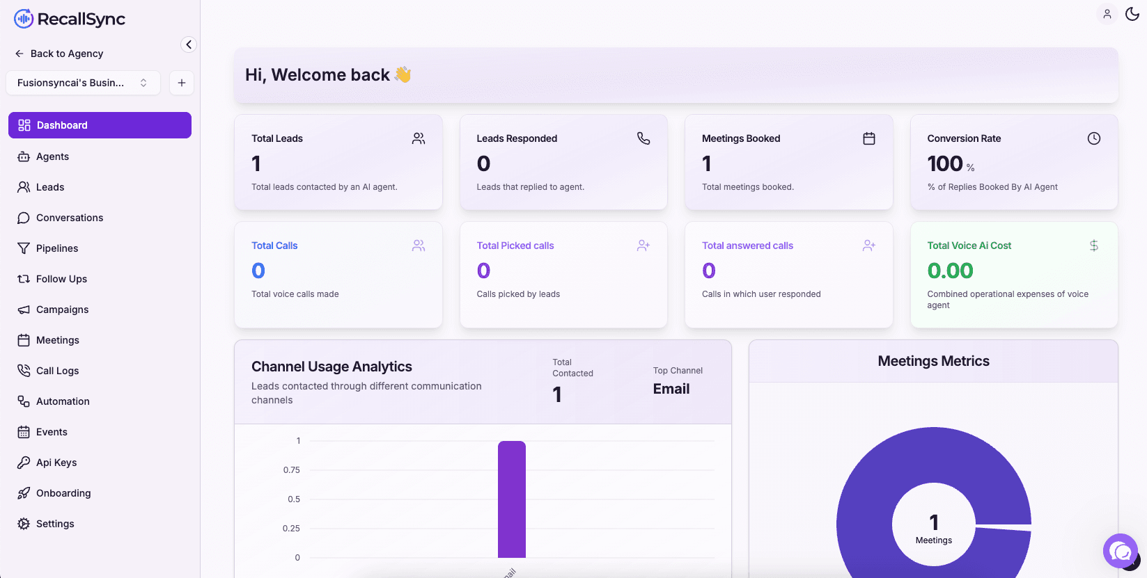 RecallSync AI SDR platform dashboard — real-time lead tracking, sales pipeline analytics, and automated appointment booking overview