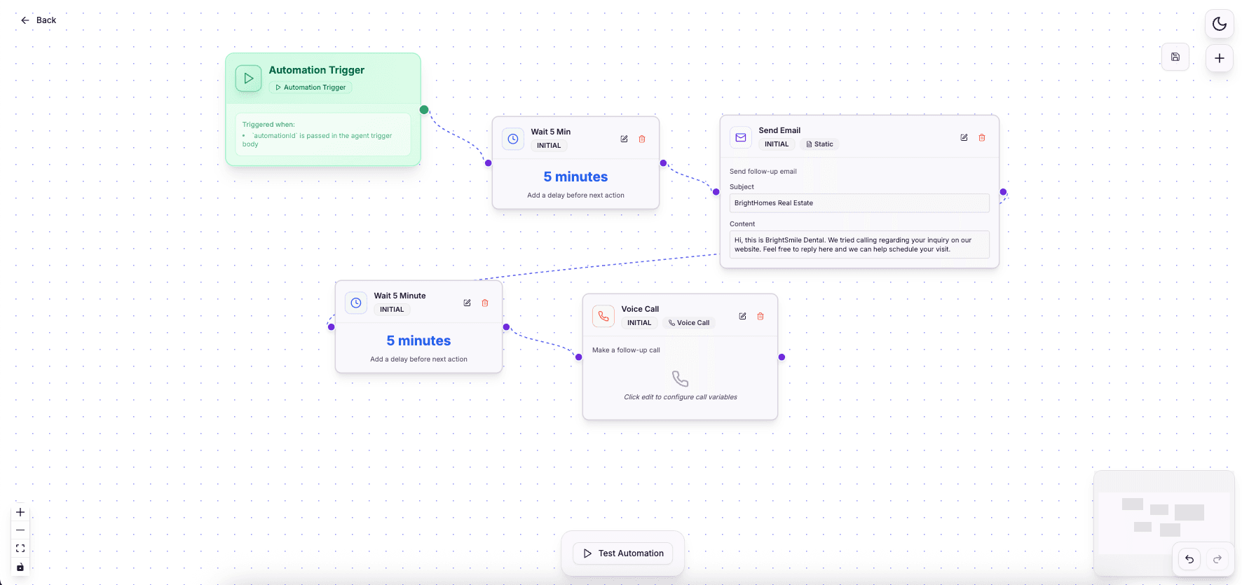RecallSync real estate lead qualifier automation workflow — inbound lead triggers AI call with email follow-up sequence if the call is missed