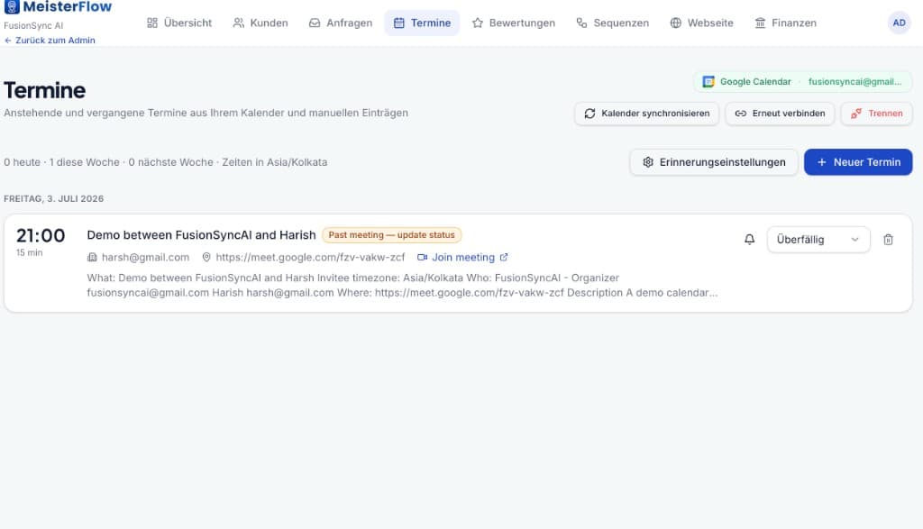 MeisterFlow appointment view with Google Calendar sync and Meet links