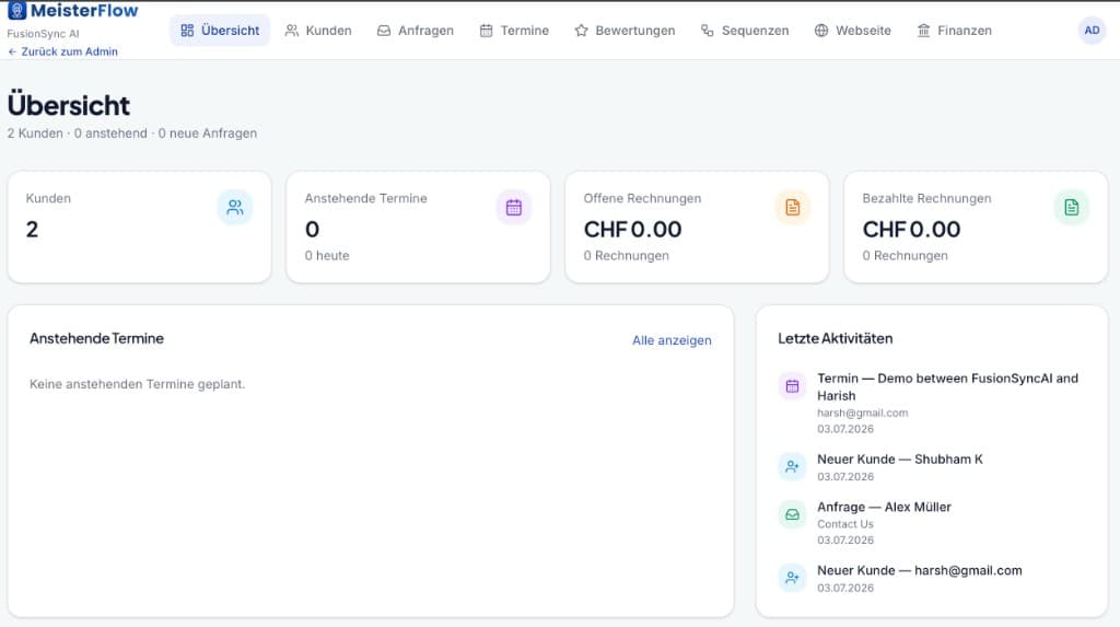 MeisterFlow business dashboard for Swiss home-service operators