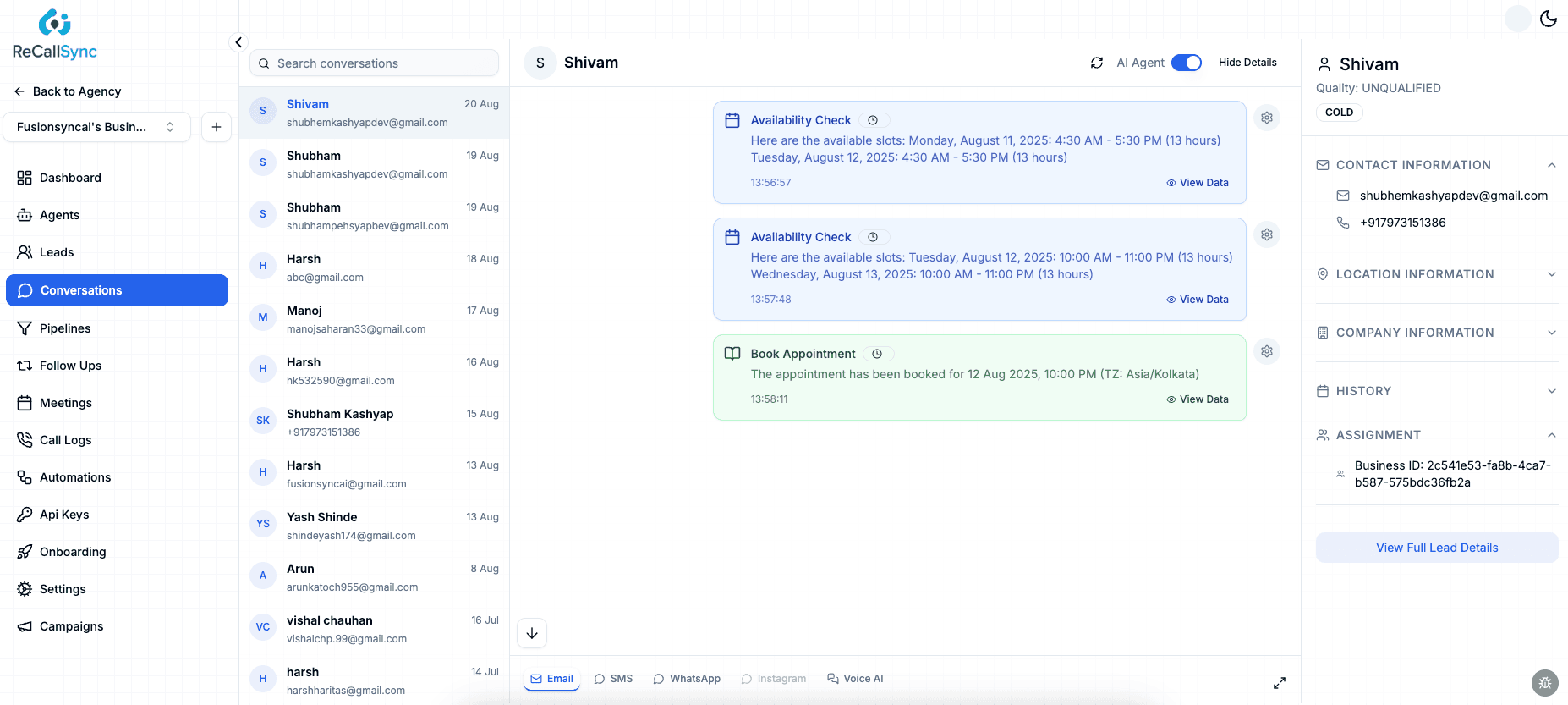 RecallSync conversation hub with call logs and lead summaries
