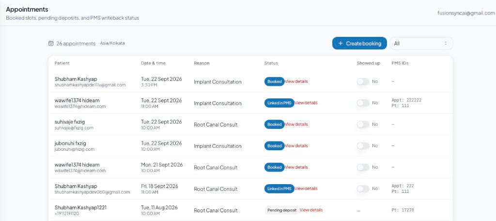 Dentwire appointments list showing booked slots and PMS linkage status