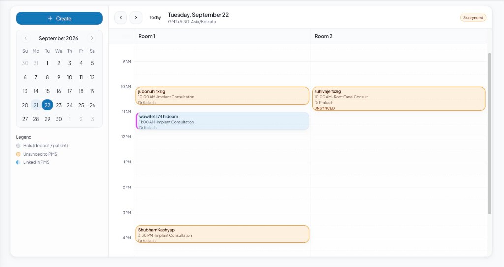 Dentwire calendar with clinic rooms and booked consultation slots