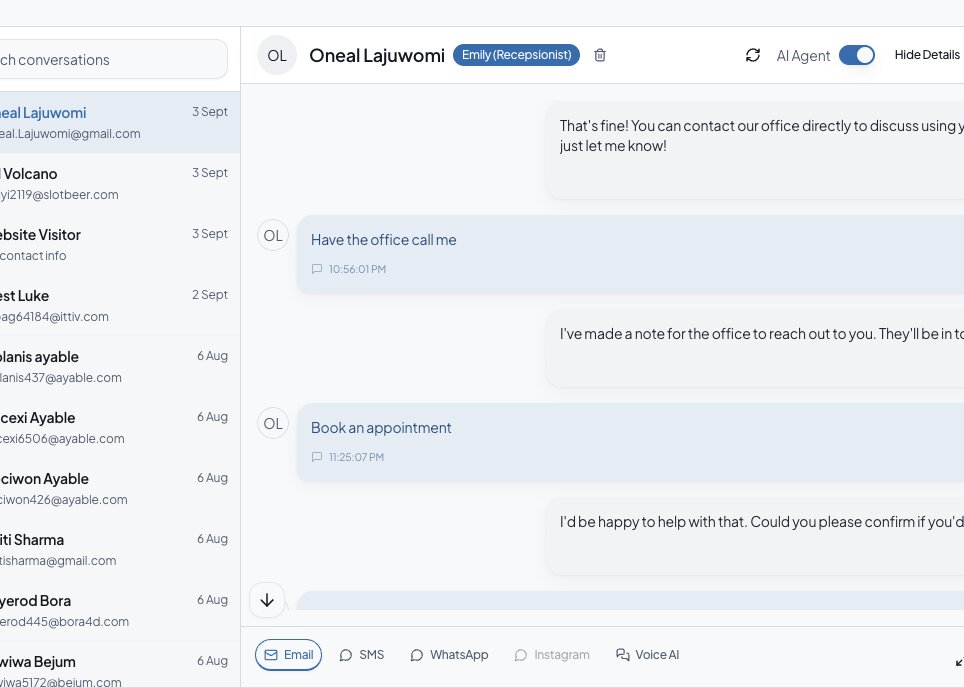 Dentwire inbox with a patient conversation and WhatsApp, SMS, email, Instagram, and voice channels