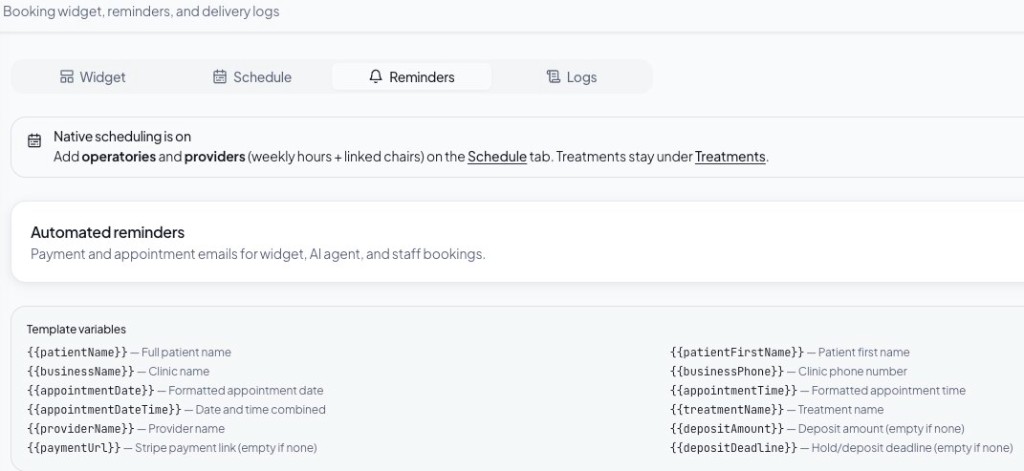 Dentwire reminder settings for appointment and payment messages