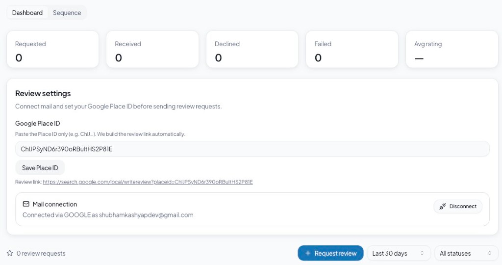 Dentwire review request settings connected to the clinic Google listing