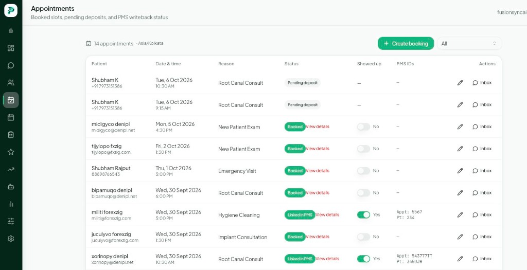 Demonstration of PatientInFlow appointments with pending deposit, booked, and linked-in-PMS statuses