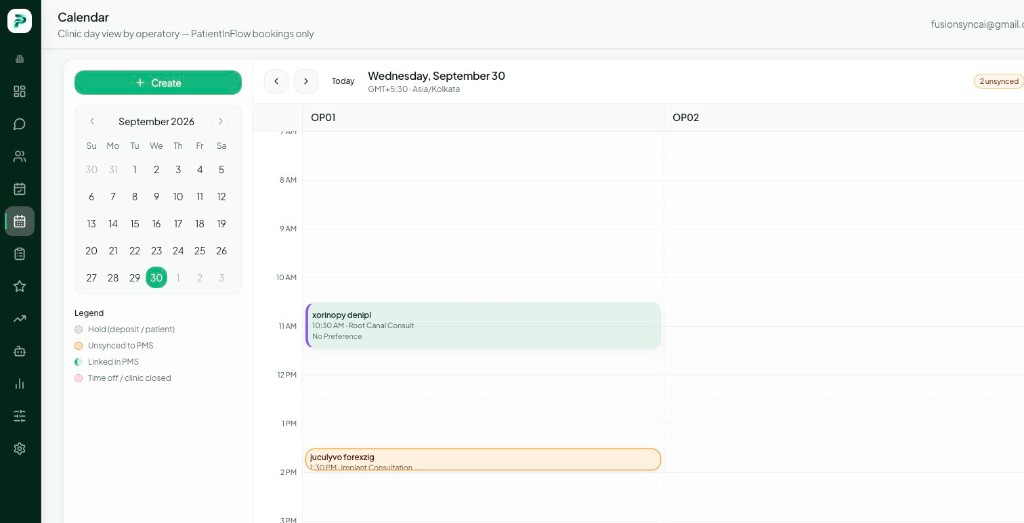 Demonstration of PatientInFlow operatory calendar with deposit holds and PMS sync states