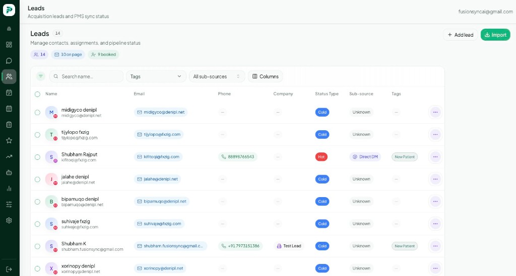 Demonstration of PatientInFlow leads list with pipeline status and booked count