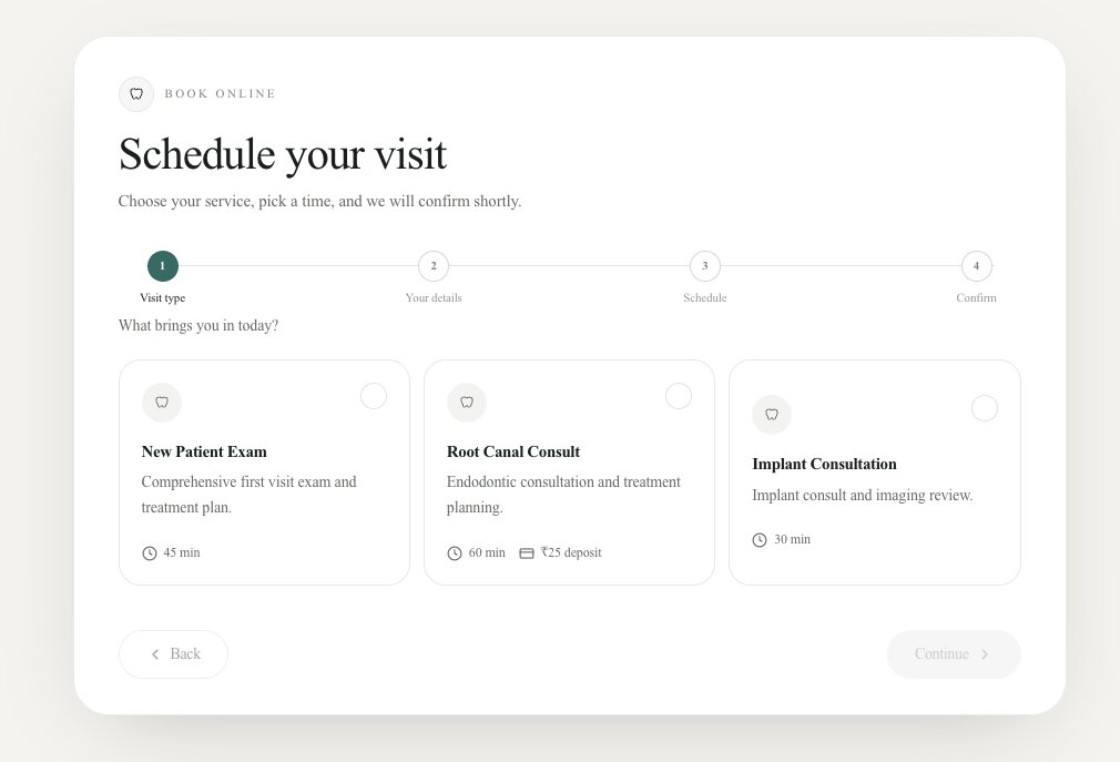 PatientInFlow booking widget. The patient chooses a visit type such as a new patient exam, root canal consult, or implant consultation.