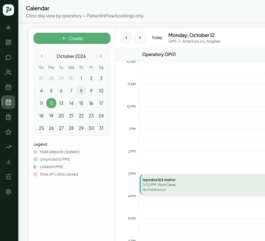 PatientInFlow calendar with a booked root canal slot on an operatory day view.