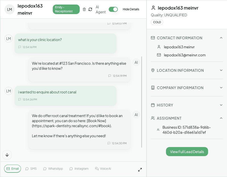 PatientInFlow CRM thread showing the same enquiry captured as a lead, with contact details and the conversation.