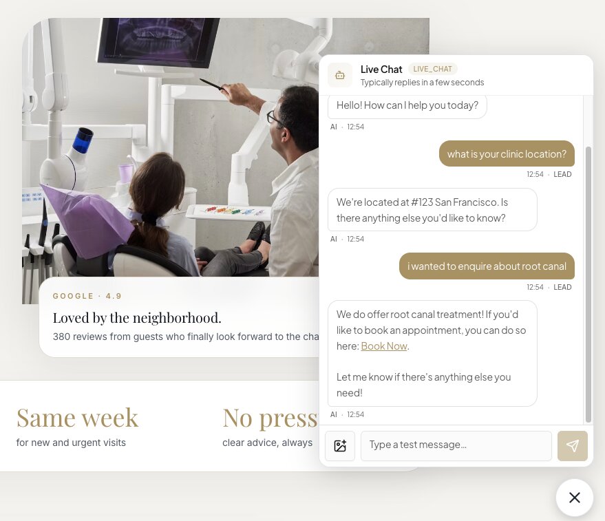 Clinic website with live chat. A patient asks about location and a root canal, then is offered a booking link.