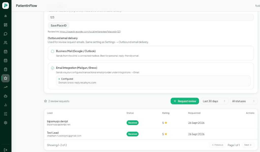 Demonstration of PatientInFlow review request automation